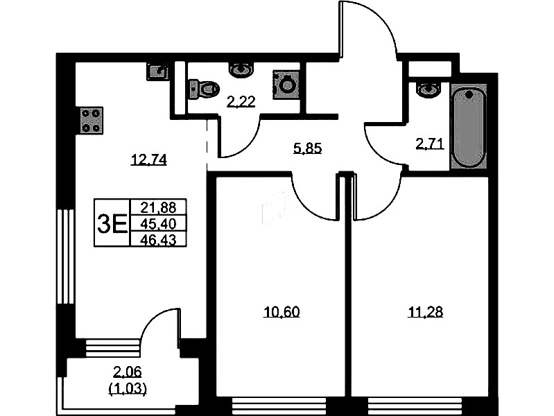 2-комнатная квартира 46.43 м², 5/9 эт., ЖК «GloraX Новоселье»